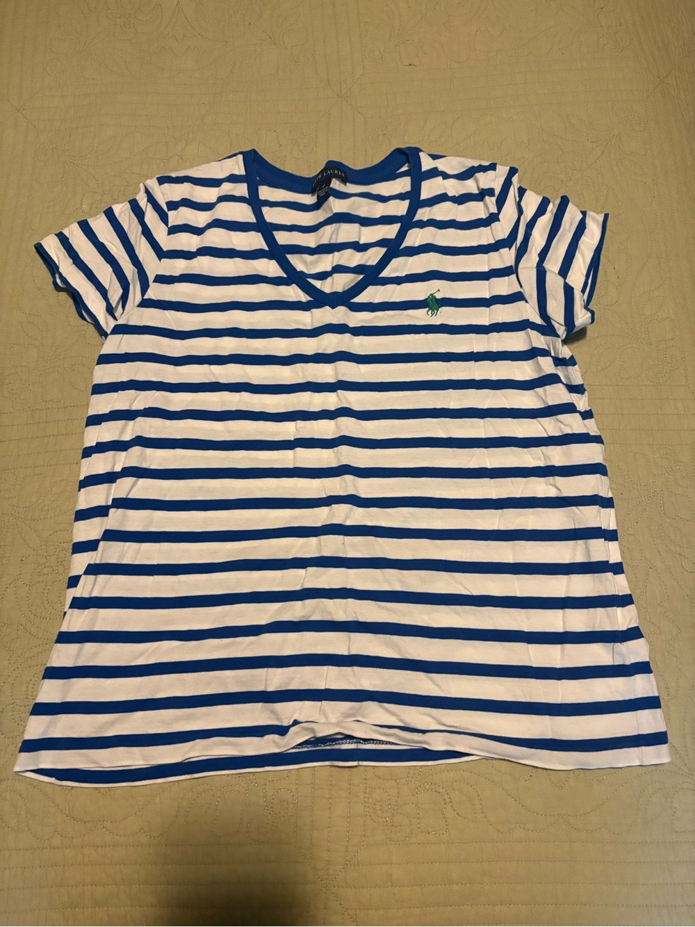 Polo by Ralph Lauren Blue & White Striped V-Neck Tee